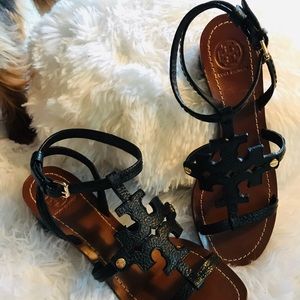 Tory Burch Black Leather Chunky Heel Sandal sz: 7